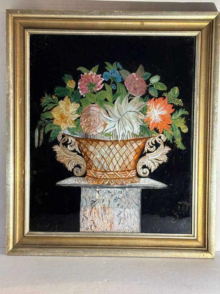 Early 19th Century American Reverse Glass Copper Tinsel Painting of Floral Urn