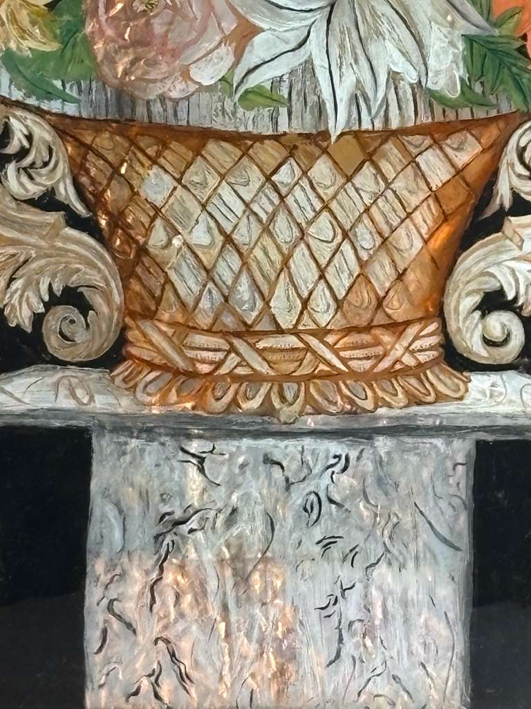 Early 19th Century American Reverse Glass Copper Tinsel Painting of Floral Urn