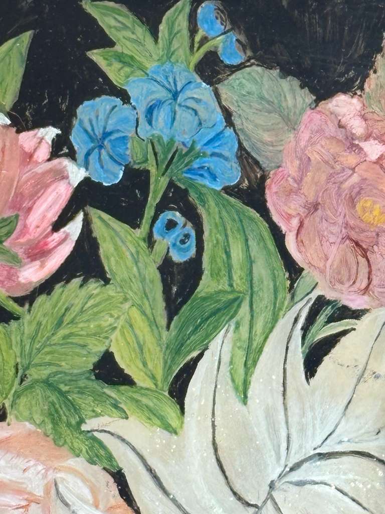Early 19th Century American Reverse Glass Copper Tinsel Painting of Floral Urn