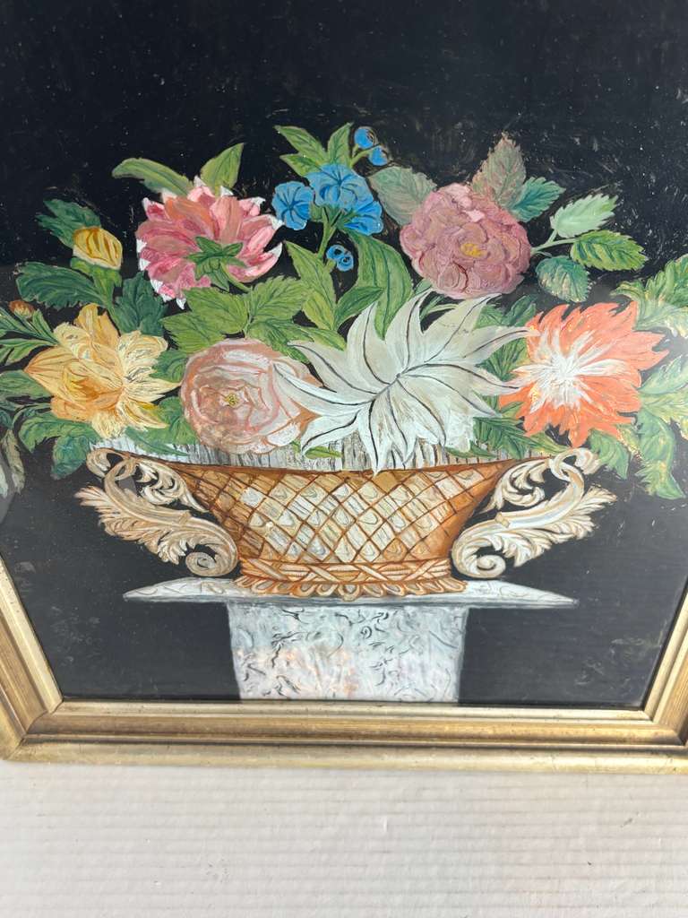 Early 19th Century American Reverse Glass Copper Tinsel Painting of Floral Urn