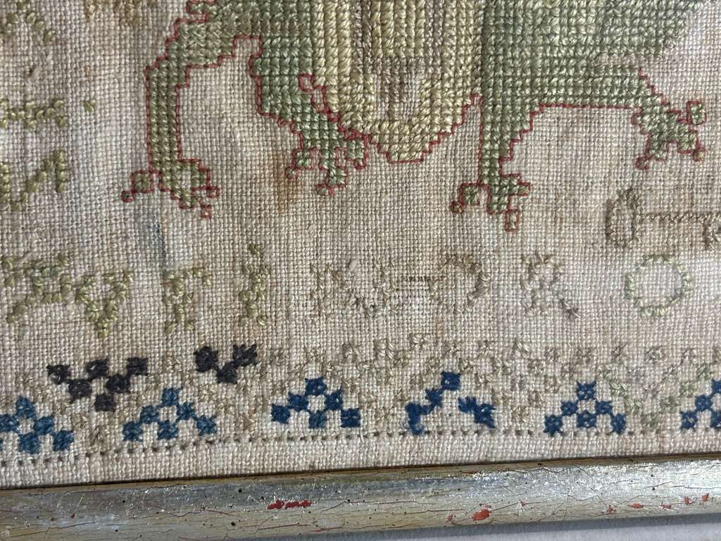 Small-Format Anglo-American Needlework Sampler with Heraldic Lion and Key Motif, likely New England, circa 1790–1810.