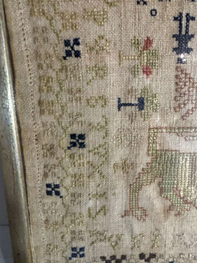 Small-Format Anglo-American Needlework Sampler with Heraldic Lion and Key Motif, likely New England, circa 1790–1810.