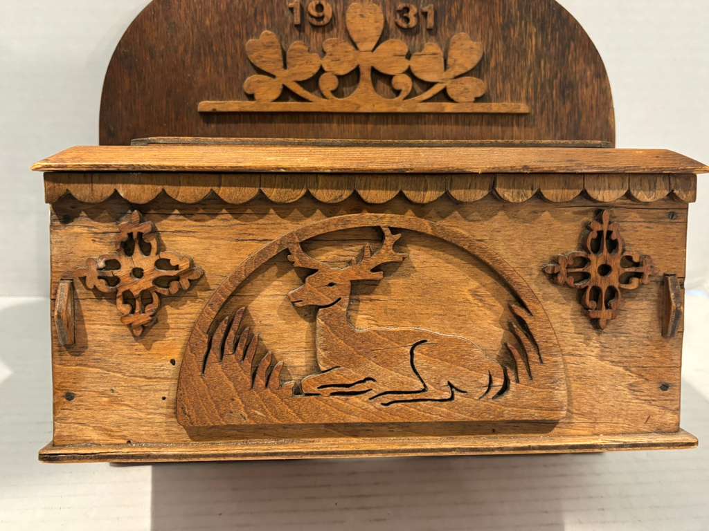 Fine Dated 1931 Folk Art Wall-Hanging Cabinet with Carved Deer American