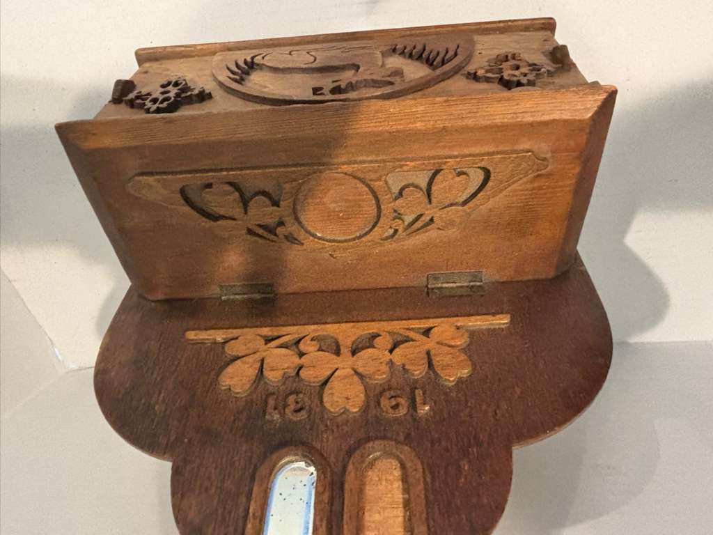 Fine Dated 1931 Folk Art Wall-Hanging Cabinet with Carved Deer American