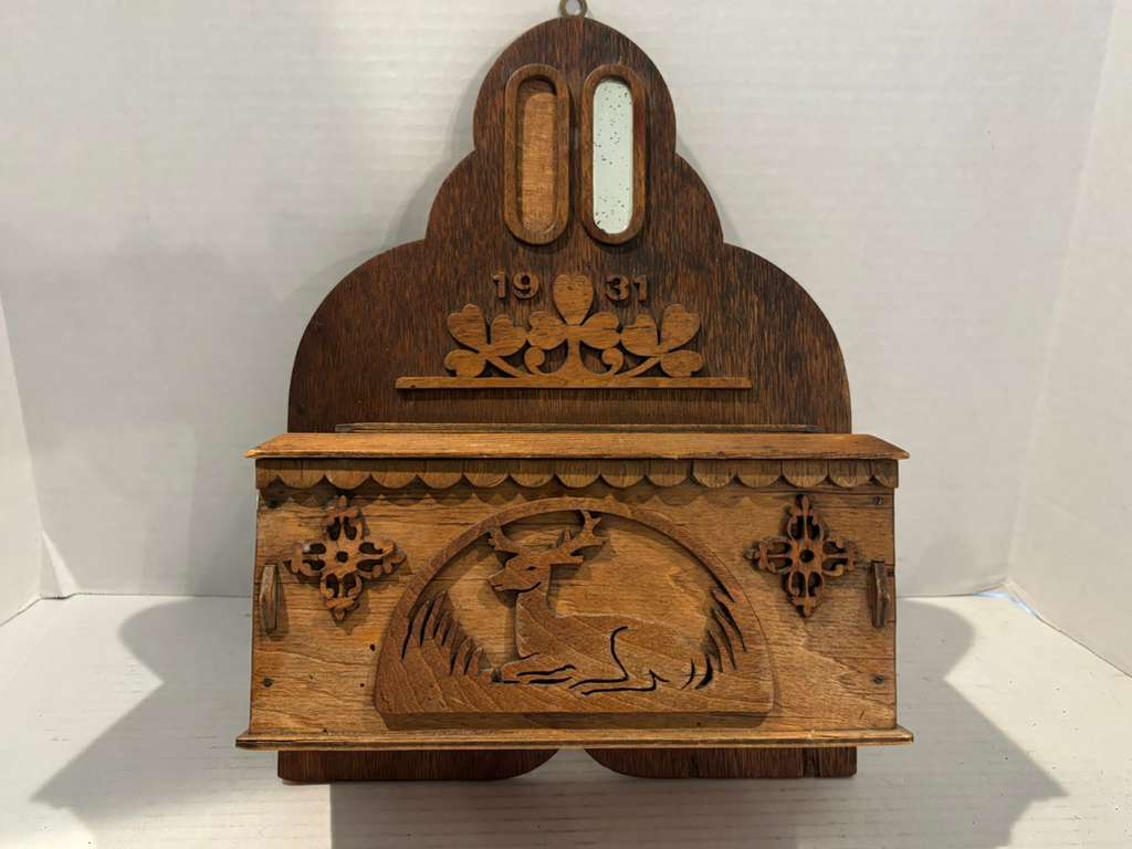 Fine Dated 1931 Folk Art Wall-Hanging Cabinet with Carved Deer American