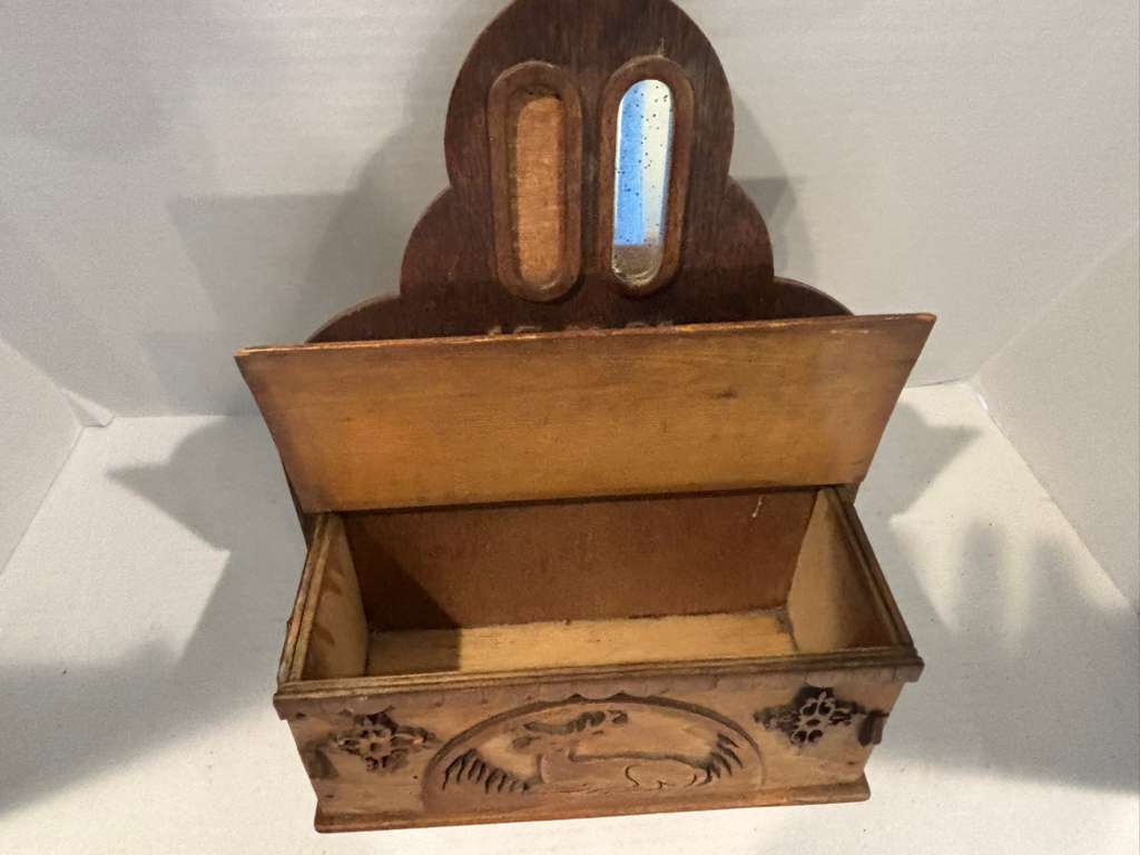 Fine Dated 1931 Folk Art Wall-Hanging Cabinet with Carved Deer American