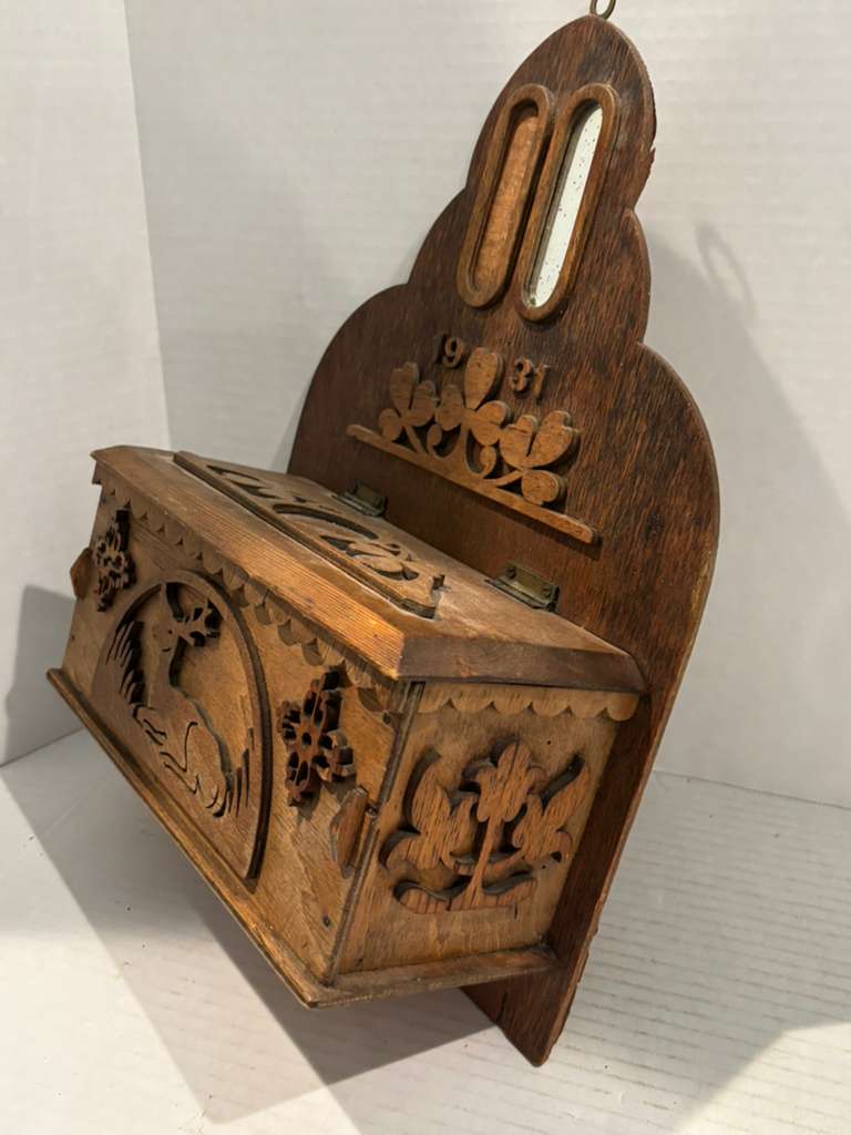 Fine Dated 1931 Folk Art Wall-Hanging Cabinet with Carved Deer American