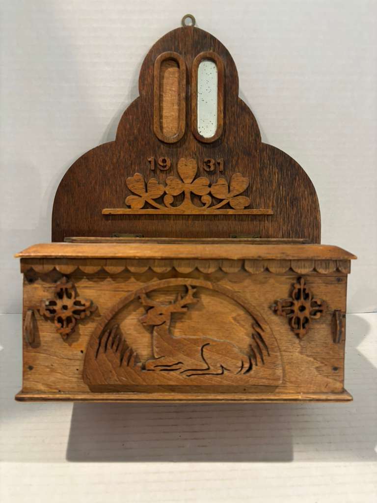 Fine Dated 1931 Folk Art Wall-Hanging Cabinet with Carved Deer American