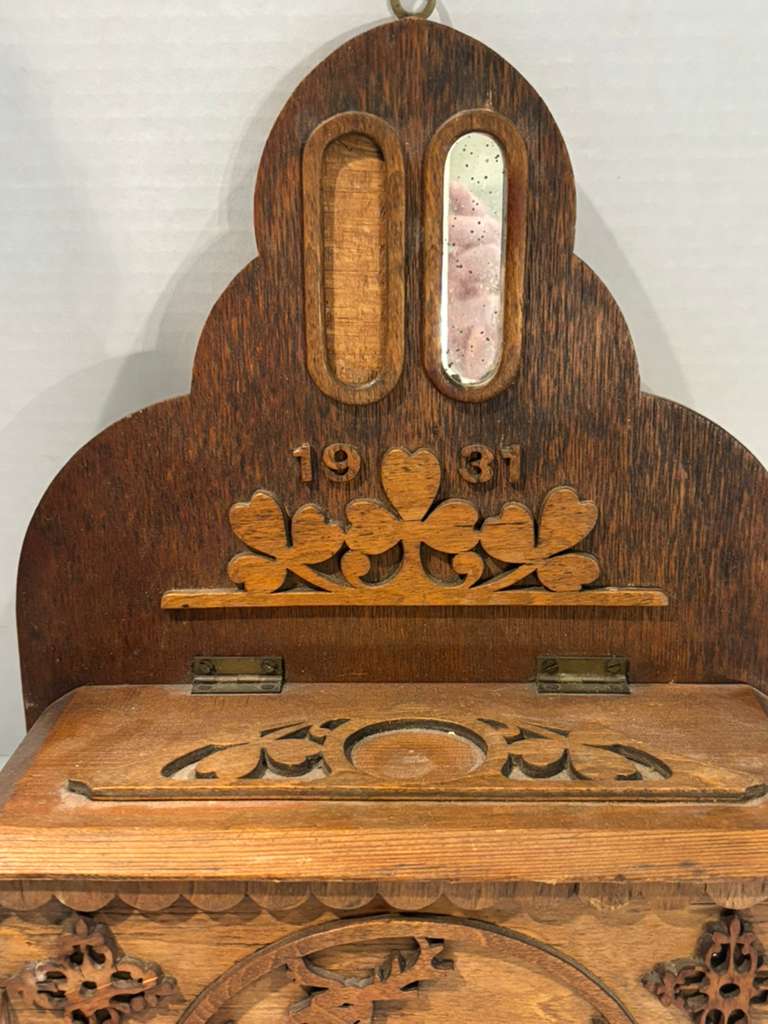 Fine Dated 1931 Folk Art Wall-Hanging Cabinet with Carved Deer American