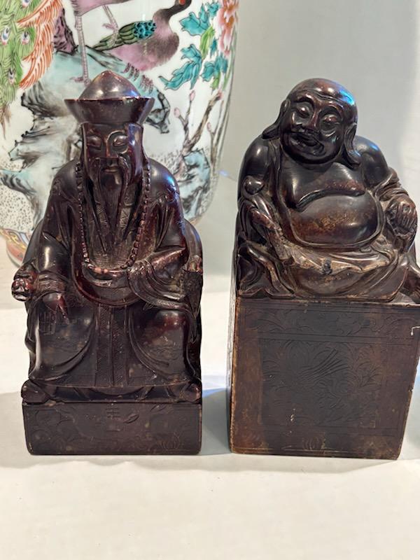 Two Chinese Carved Brown Mottled Hardstone Figural Table Carvings