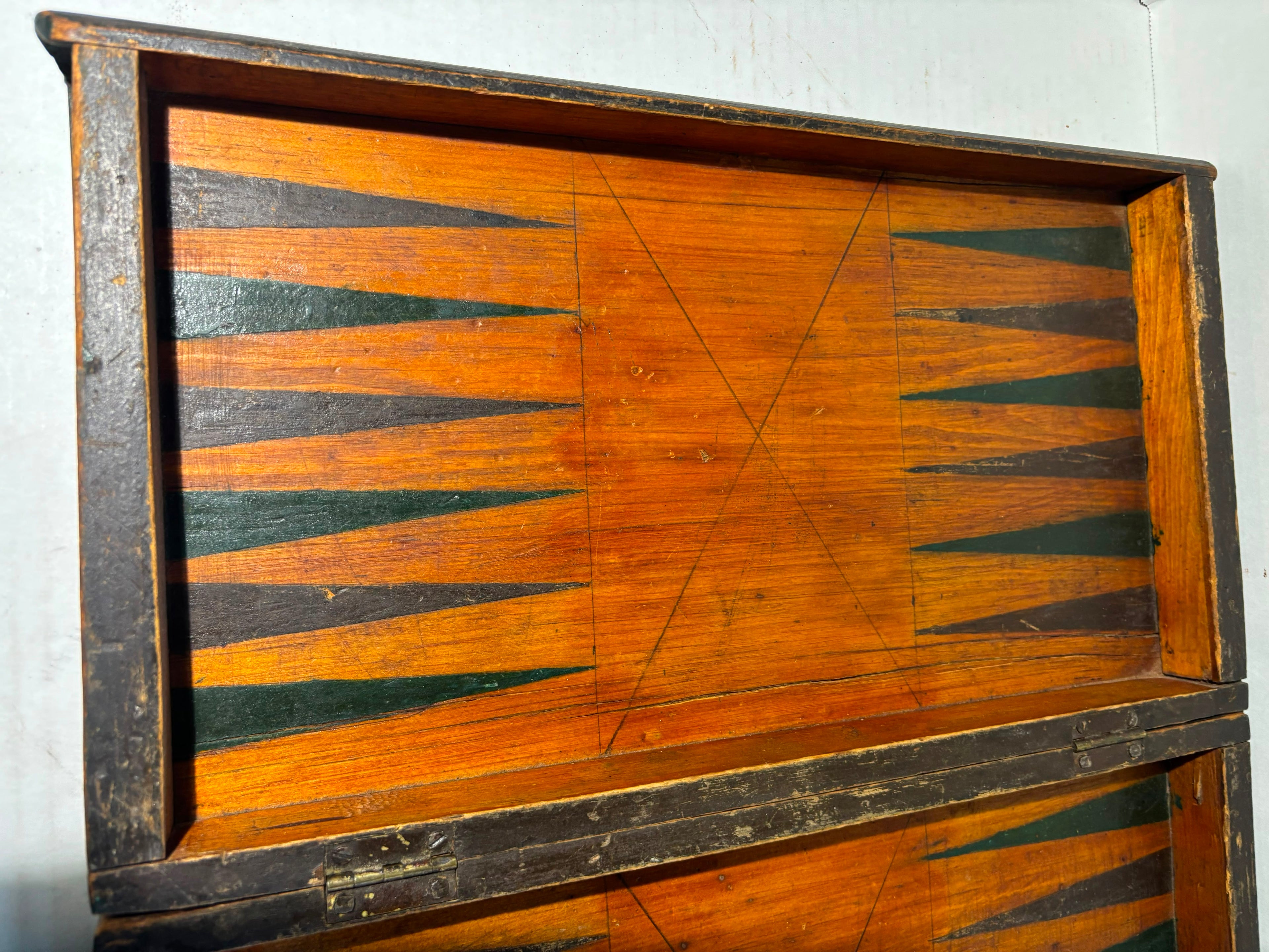 American Folk Art Folding Checkerboard and Backgammon Game Board, Mid-19th Century
