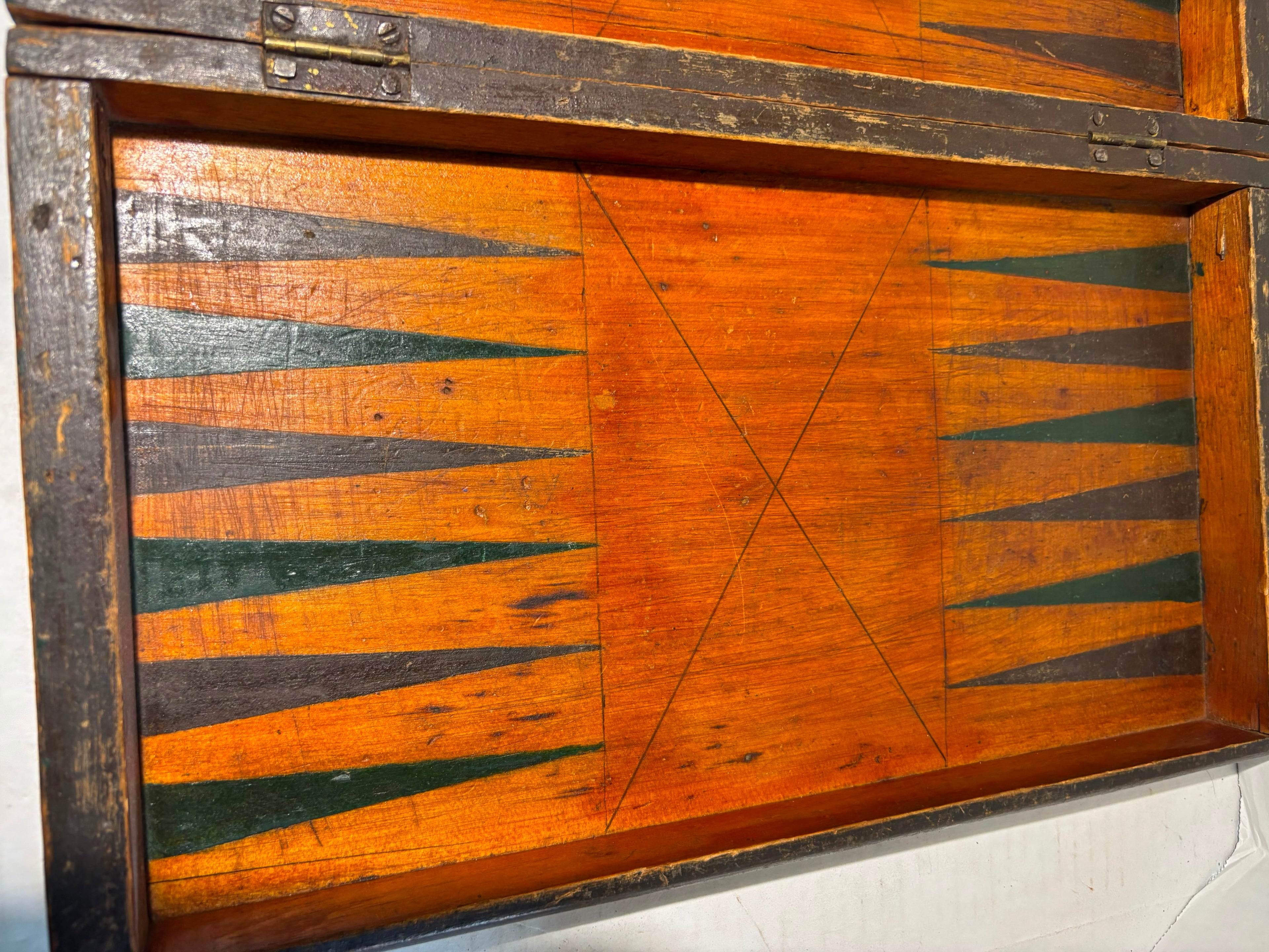American Folk Art Folding Checkerboard and Backgammon Game Board, Mid-19th Century