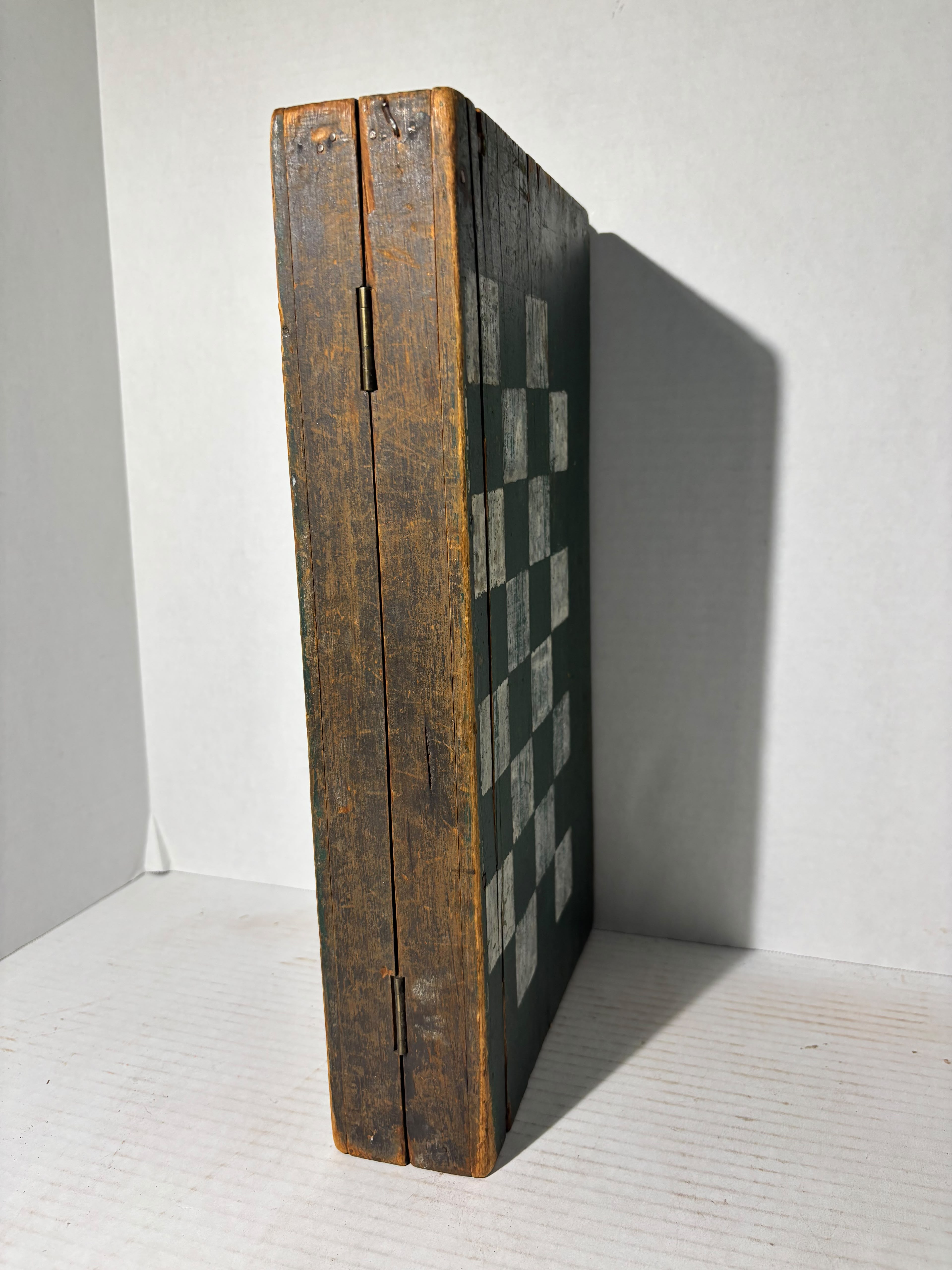 American Folk Art Folding Checkerboard and Backgammon Game Board, Mid-19th Century