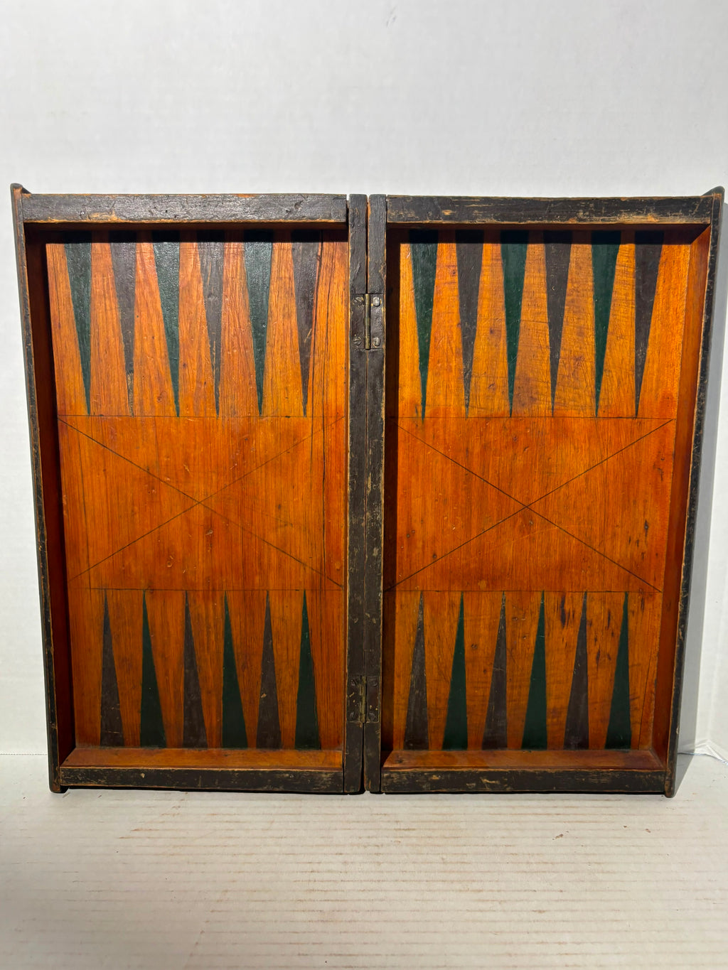 American Folk Art Folding Checkerboard and Backgammon Game Board, Mid-19th Century