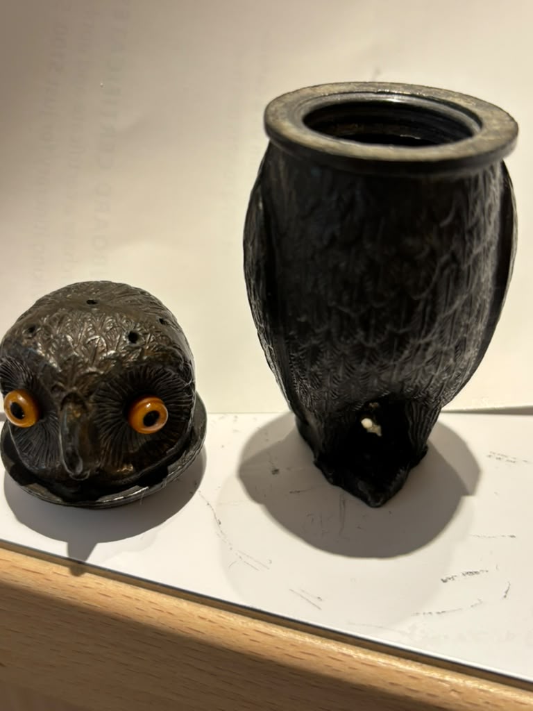 Art Deco Owl-Form Shaker with Amber Glass Eyes Continental Europe, circa 1925–1935