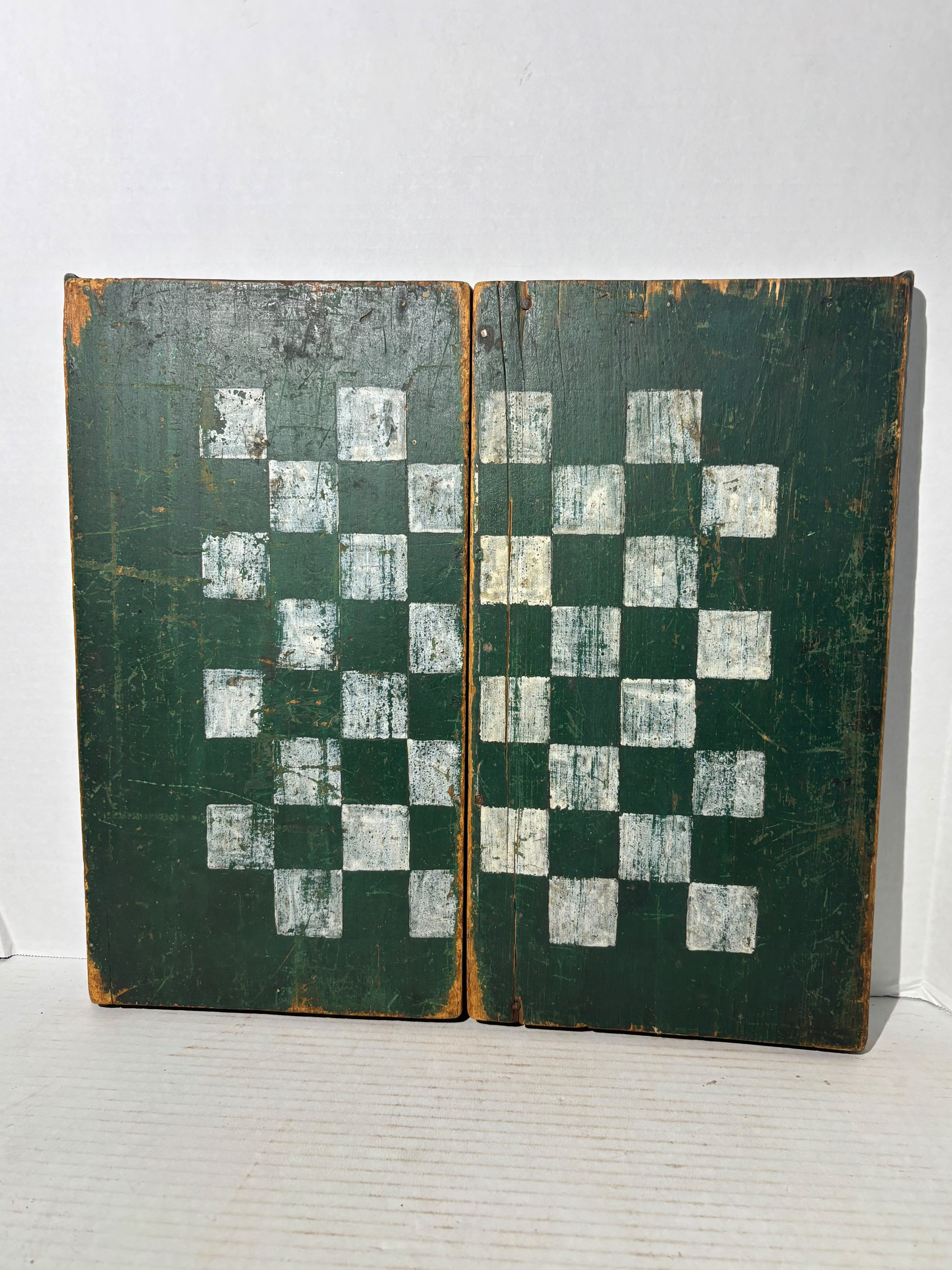 American Folk Art Folding Checkerboard and Backgammon Game Board, Mid-19th Century