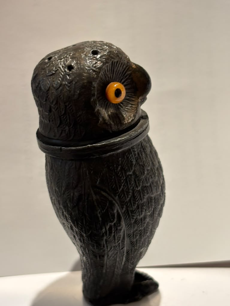 Art Deco Owl-Form Shaker with Amber Glass Eyes Continental Europe, circa 1925–1935