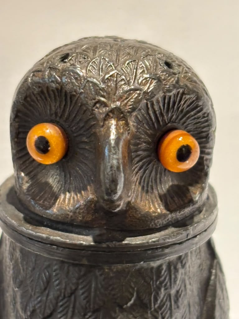 Art Deco Owl-Form Shaker with Amber Glass Eyes Continental Europe, circa 1925–1935