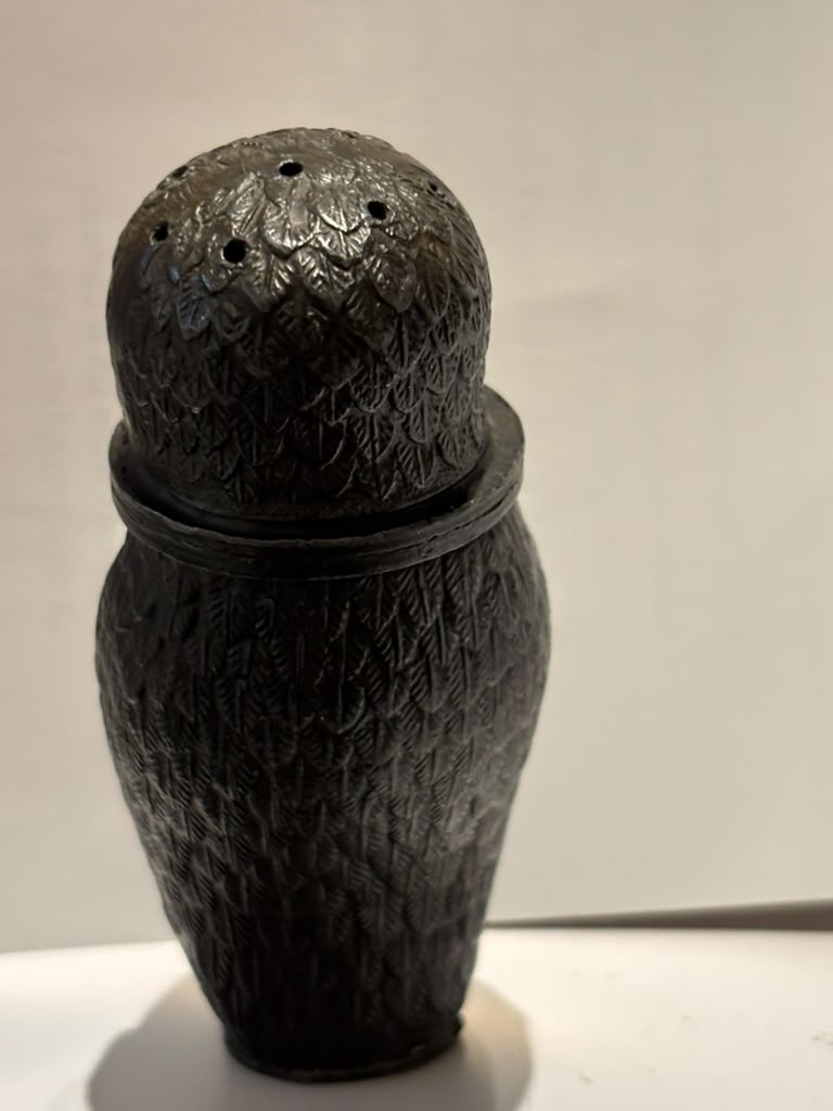 Art Deco Owl-Form Shaker with Amber Glass Eyes Continental Europe, circa 1925–1935