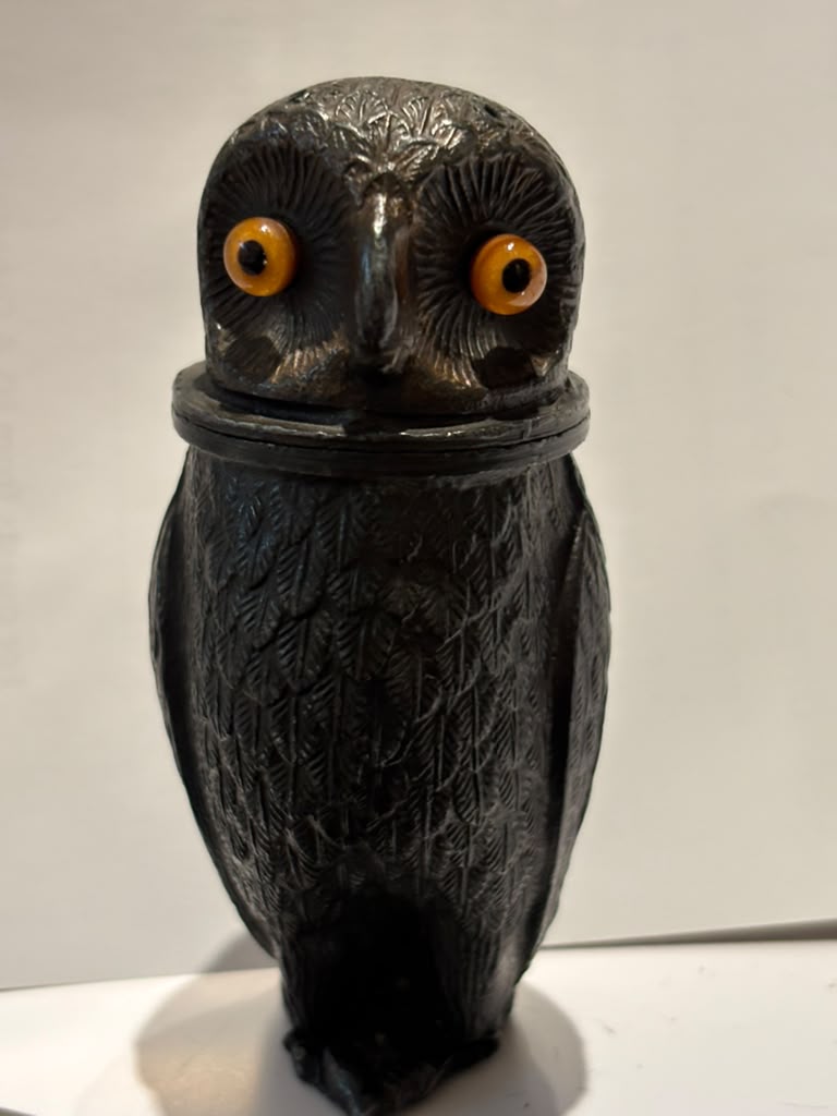Art Deco Owl-Form Shaker with Amber Glass Eyes Continental Europe, circa 1925–1935