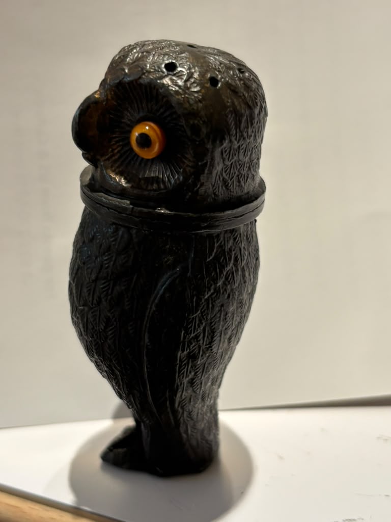 Art Deco Owl-Form Shaker with Amber Glass Eyes Continental Europe, circa 1925–1935