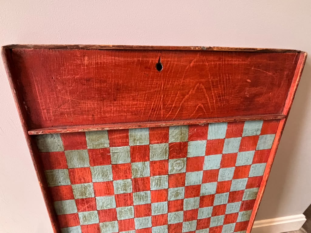 American Folk Art Painted Checkerboard with Whimsical Pig Motif, circa 1890–1925.