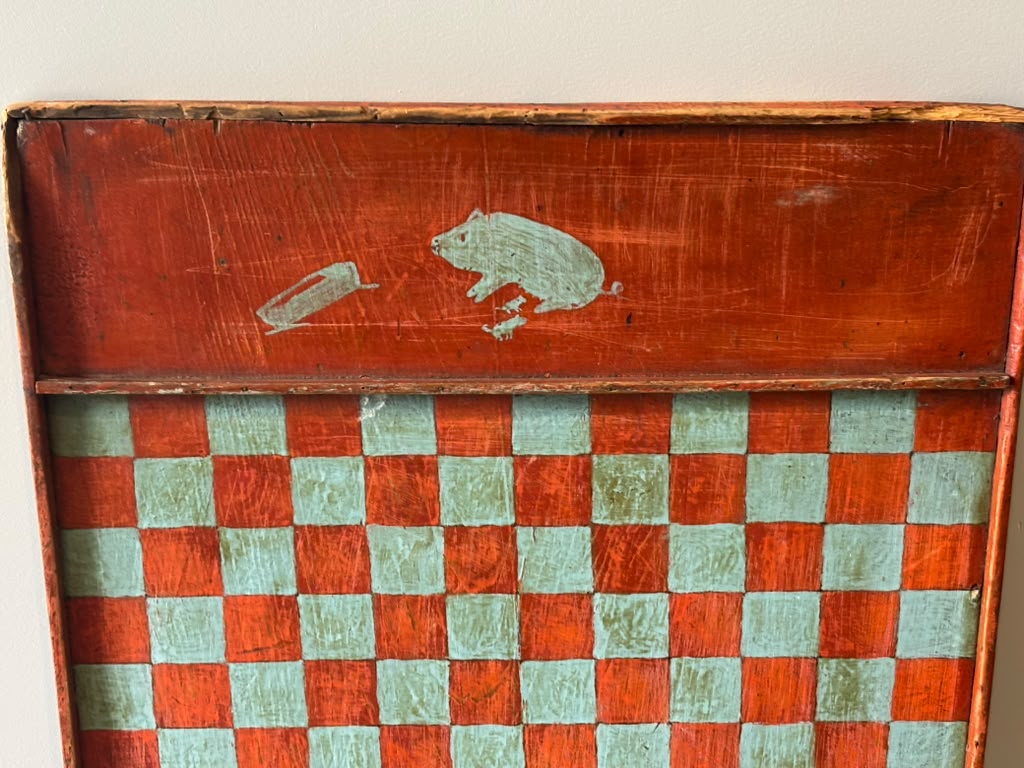 American Folk Art Painted Checkerboard with Whimsical Pig Motif, circa 1890–1925.