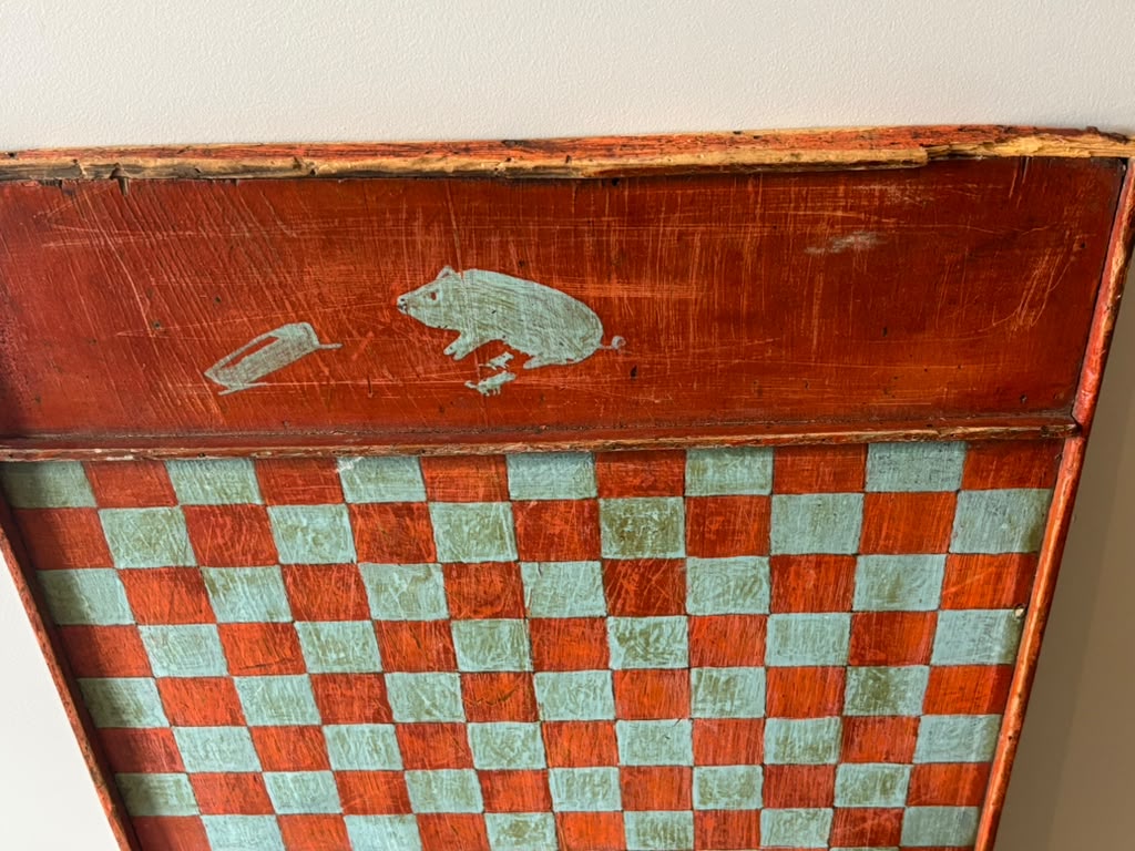 American Folk Art Painted Checkerboard with Whimsical Pig Motif, circa 1890–1925.