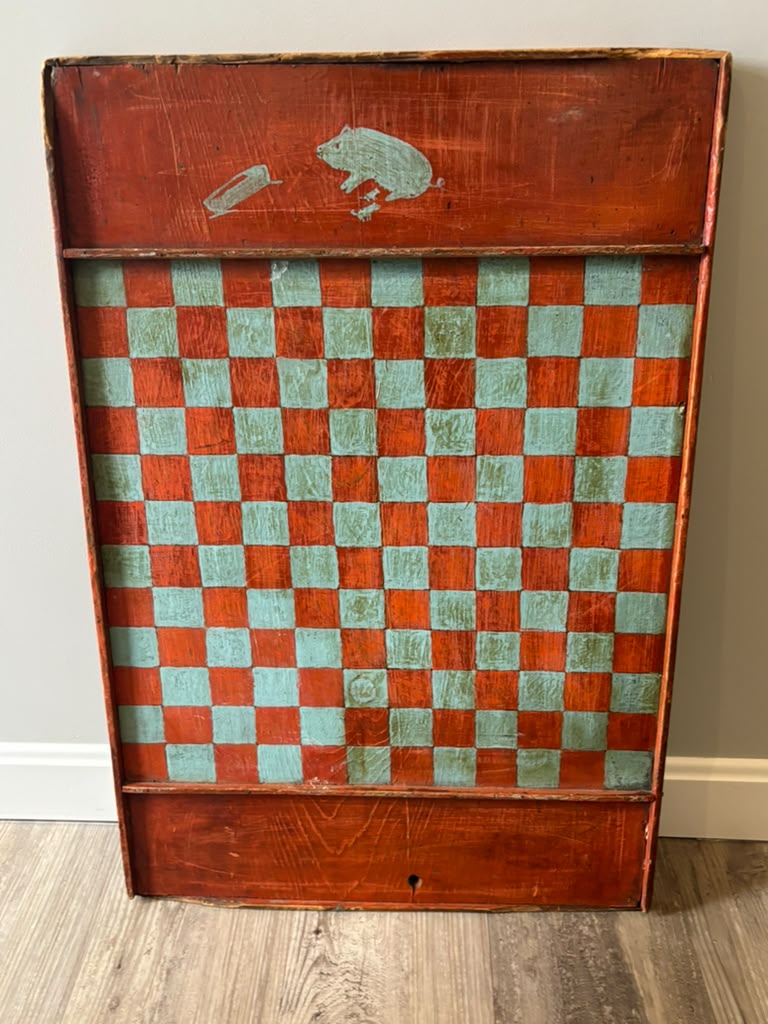 American Folk Art Painted Checkerboard with Whimsical Pig Motif, circa 1890–1925.