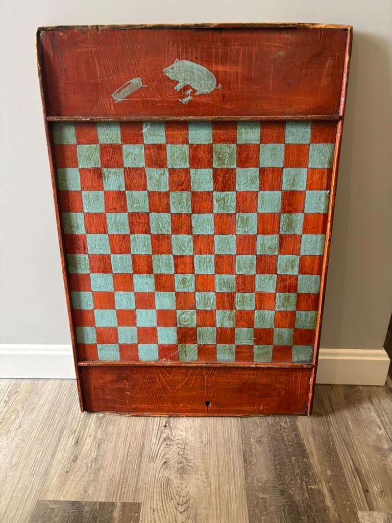American Folk Art Painted Checkerboard with Whimsical Pig Motif, circa 1890–1925.