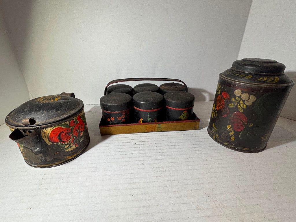 Grouping of American Painted Toleware Pantry Wares, Probably Pennsylvania, Mid-19th Century