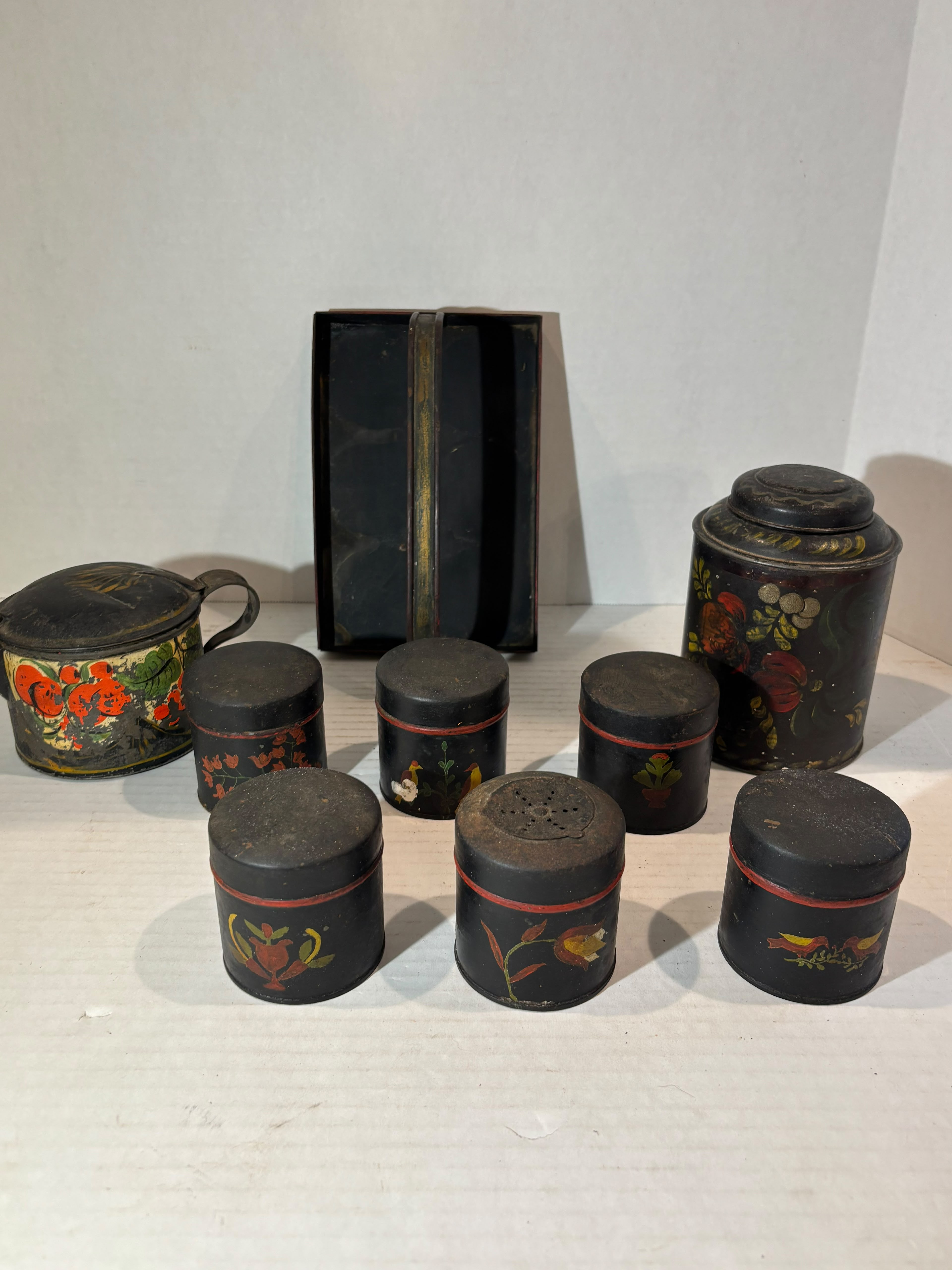 Grouping of American Painted Toleware Pantry Wares, Probably Pennsylvania, Mid-19th Century