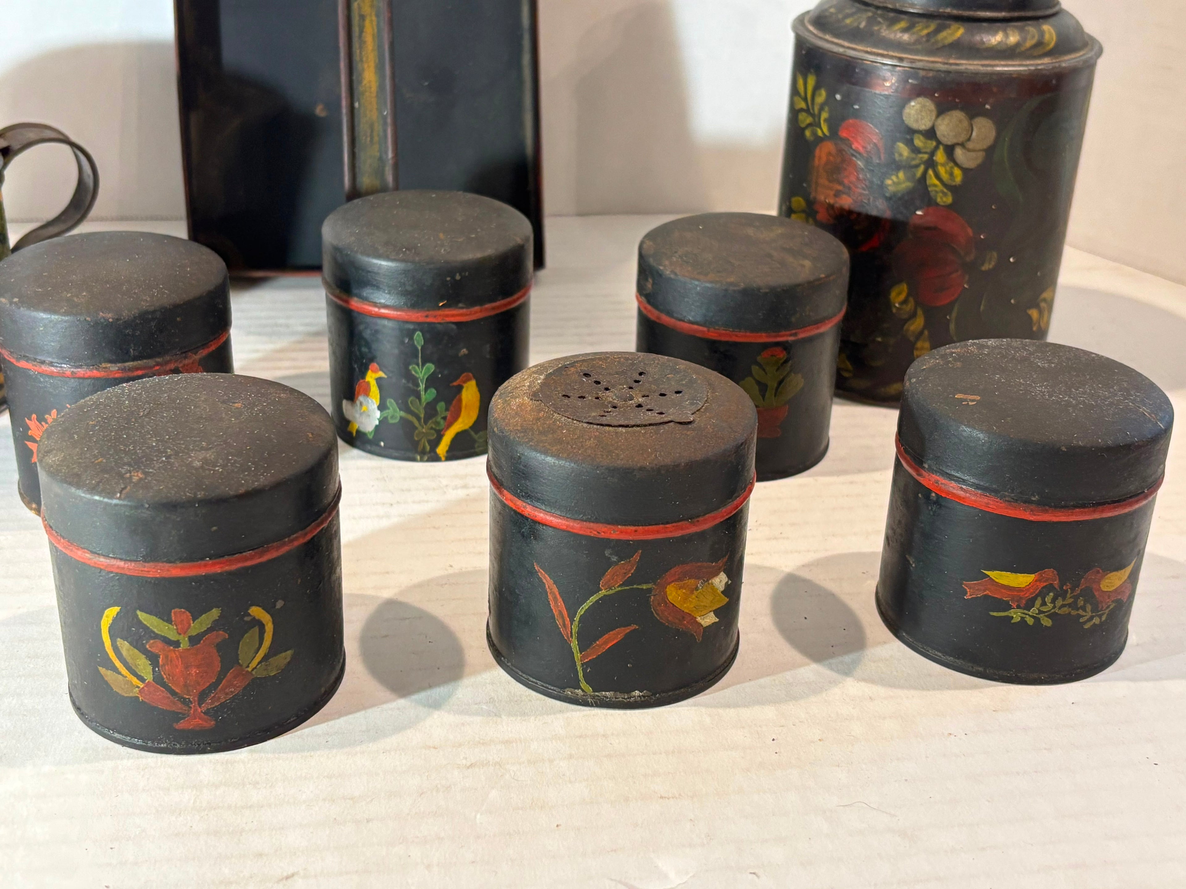 Grouping of American Painted Toleware Pantry Wares, Probably Pennsylvania, Mid-19th Century