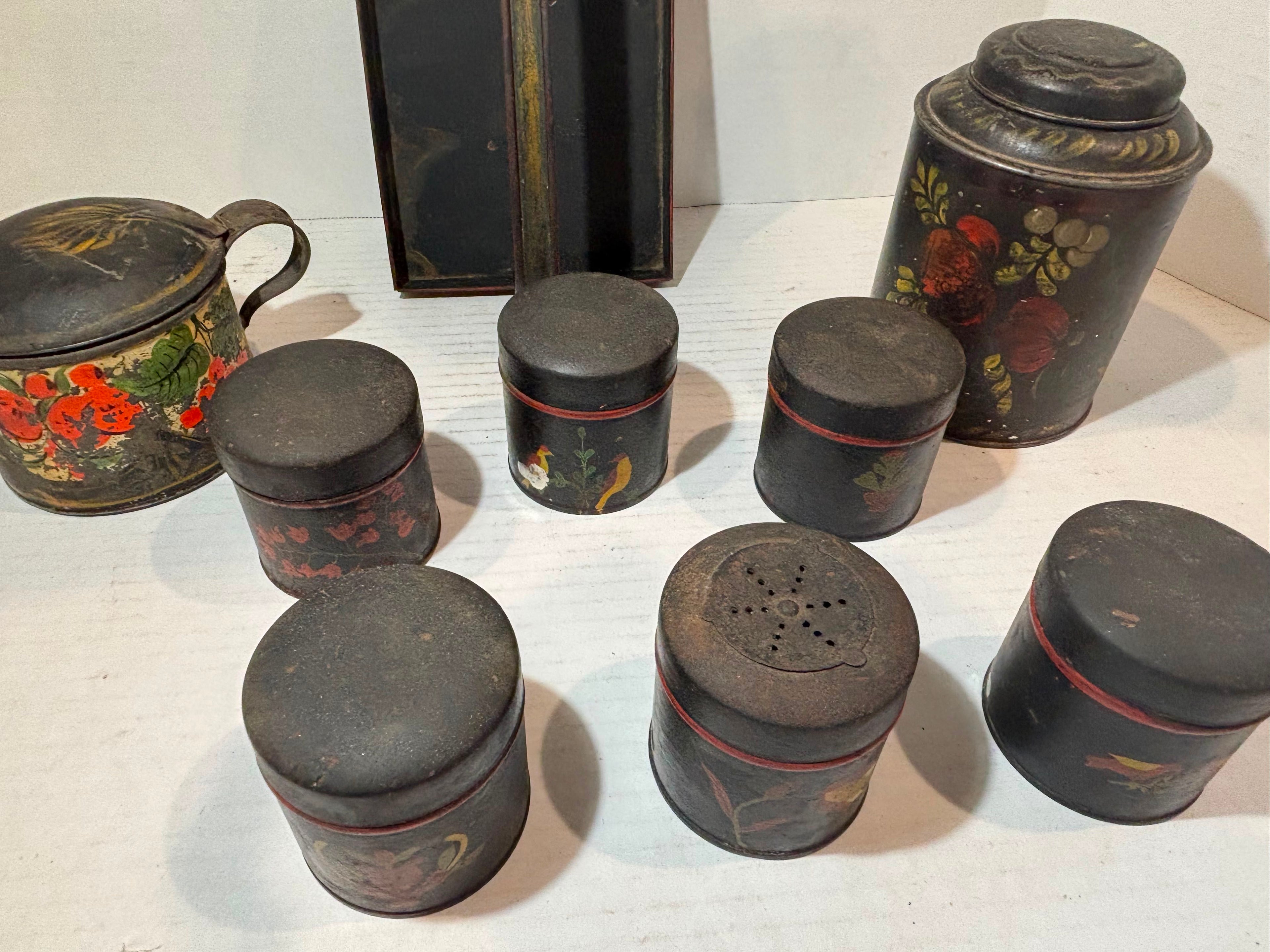 Grouping of American Painted Toleware Pantry Wares, Probably Pennsylvania, Mid-19th Century