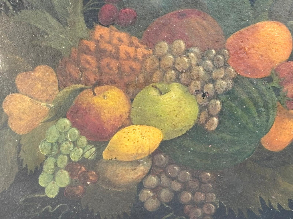 Fine Mid-19th Century Hand-Painted Tole Tray with Detailed Fruit Still Life and Folk Surface