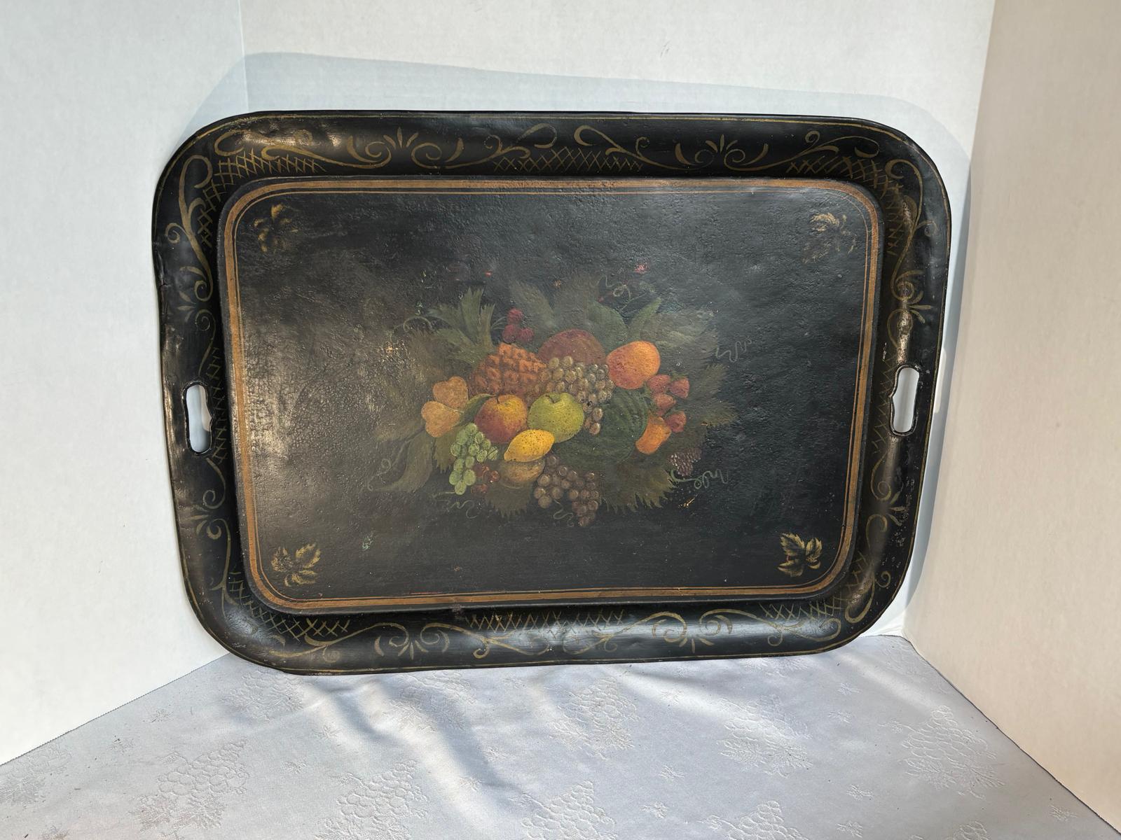 Fine Mid-19th Century Hand-Painted Tole Tray with Detailed Fruit Still Life and Folk Surface