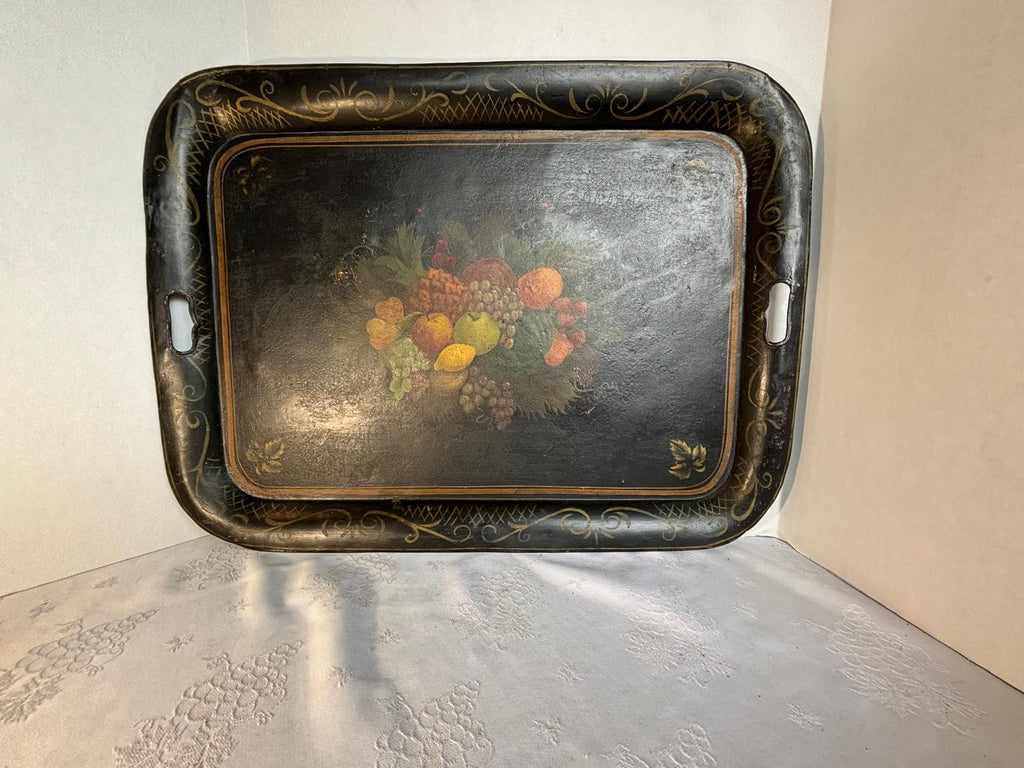 Fine Mid-19th Century Hand-Painted Tole Tray with Detailed Fruit Still Life and Folk Surface