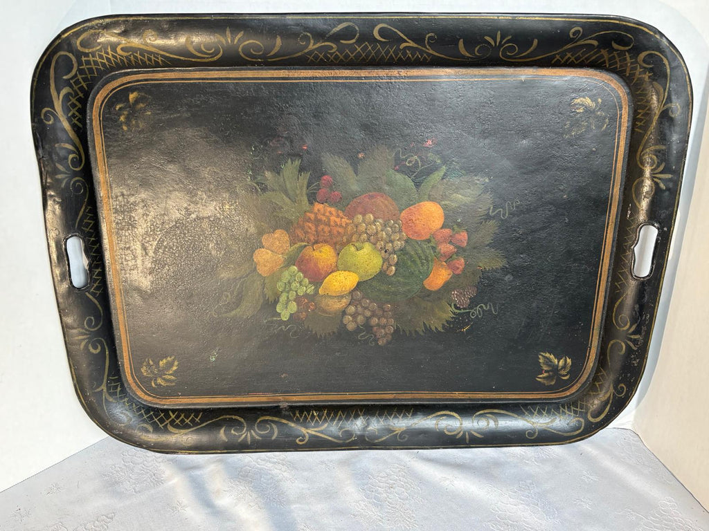 Fine Mid-19th Century Hand-Painted Tole Tray with Detailed Fruit Still Life and Folk Surface