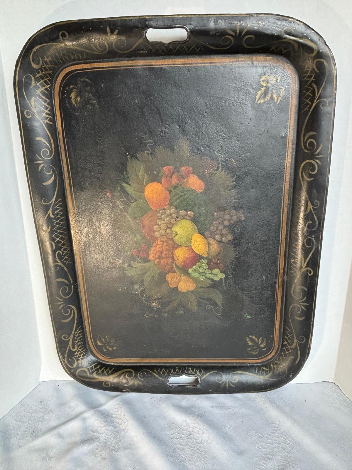 Fine Mid-19th Century Hand-Painted Tole Tray with Detailed Fruit Still Life and Folk Surface