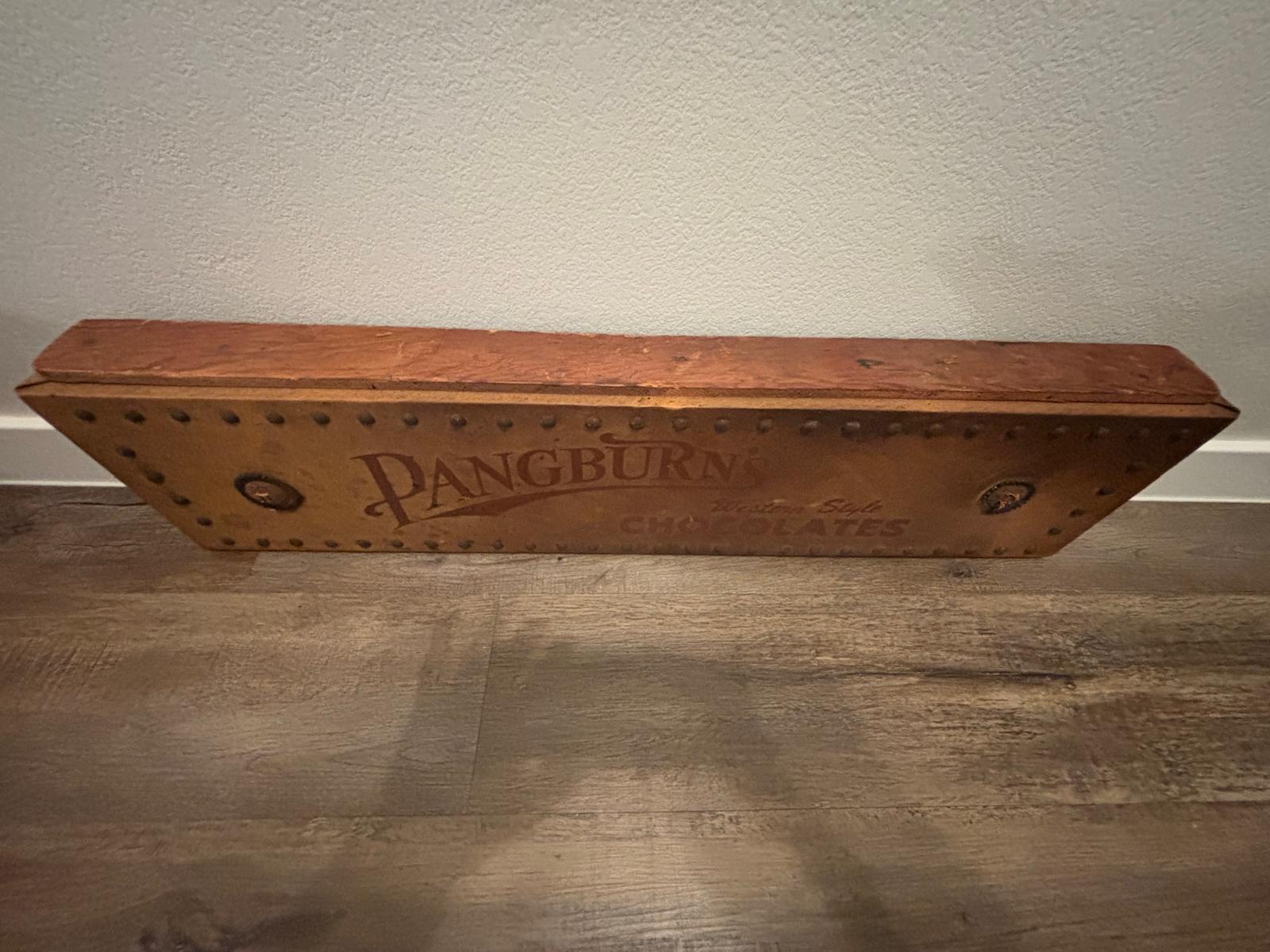 Rare Pangburn’s Chocolates double-sided leather trade sign, Fort Worth, Texas, circa 1915–1925.