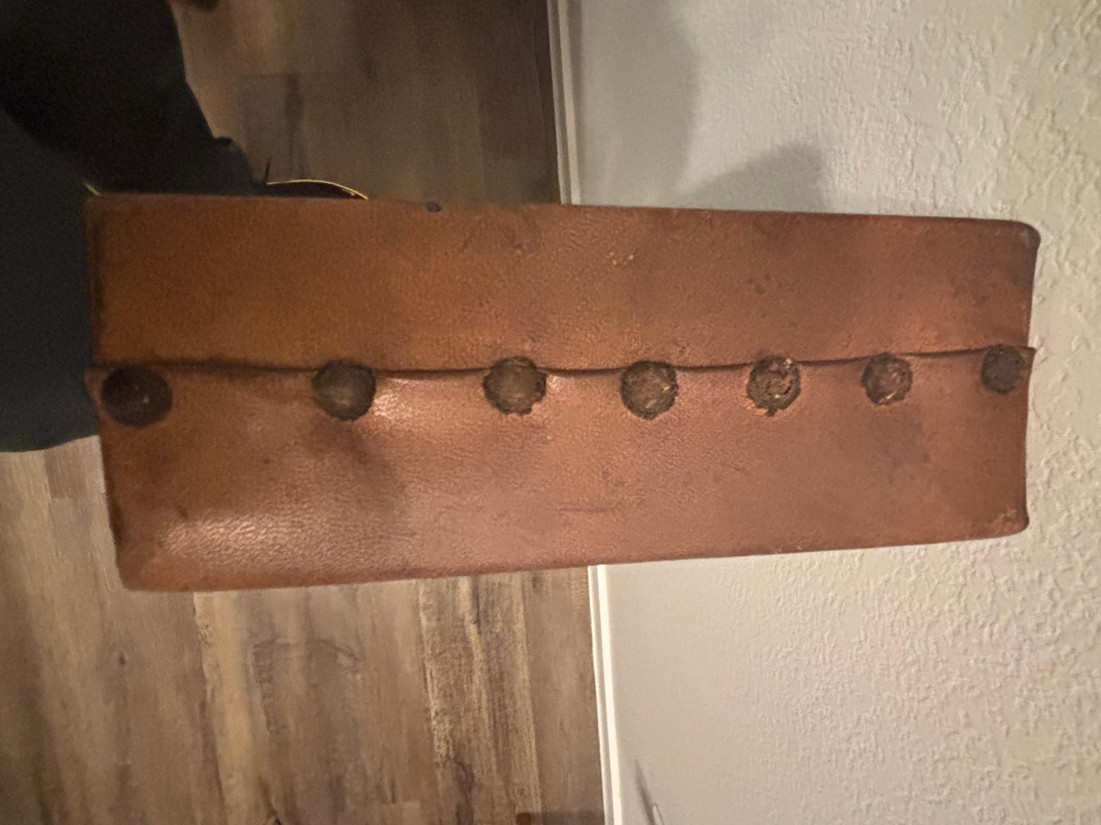 Rare Pangburn’s Chocolates double-sided leather trade sign, Fort Worth, Texas, circa 1915–1925.